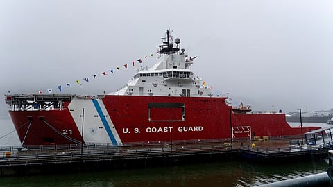US Coast Guard Cutter Storis (WAGB 21) remains moored during the Storis commissioning ceremony at Juneau, Alaska, August 10, 2025.