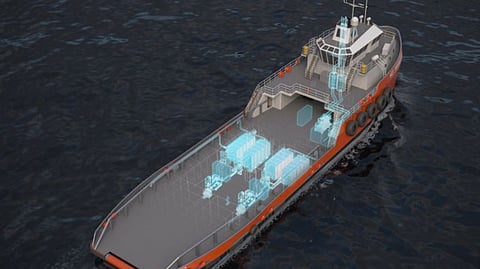 Lightering vessel showing the hybrid electric propulsion arrangement