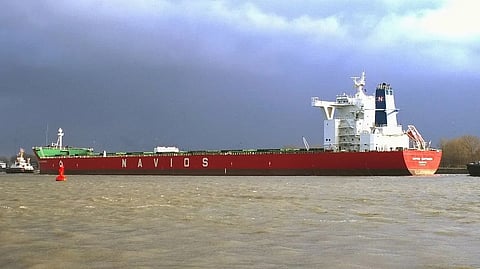 A Navios bulk carrier docked in the Port of Hamburg