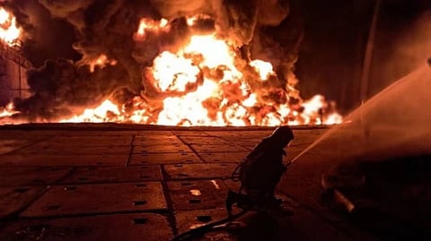 One of the fires that had ignited as a result of a Russian drone attack on the Port of Izmail in Ukraine's Odesa region, August 19, 2025