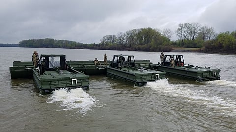 Bridge erection boats in action