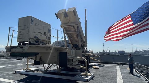 Patriot missile launcher on the flight deck of the US Navy Independence-class littoral combat ship USS Montgomery