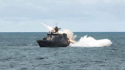 A Finnish Navy Hamina-class fast attack craft fires a Gabriel 5 anti-ship missile during tests.