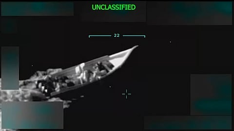 Screenshot of video of the strike on a suspected Venezuelan narco boat