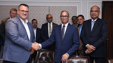 TKMS CEO Oliver Burkhard shakes hands with VEM Technologies Chairman and Managing Director V. Venkata Raju at the MOU signing in New Delhi, September 3, 2025.