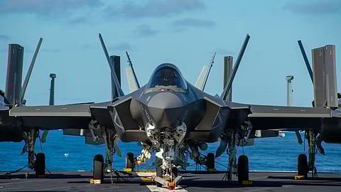 An F-35C Lighting II sits on the flight deck on Nimitz-class aircraft carrier USS Carl Vinson