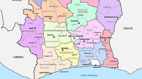 Map of southern Ivory Coast showing Bas-Sassandra district