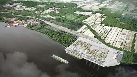 Artist's impression of the completed Contrecœur terminal at the Port of Montreal