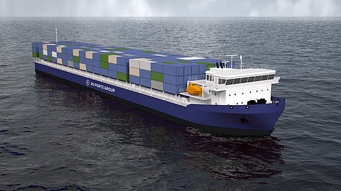 Render of two new shallow-draft containerships ordered by AD Ports Group