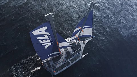 Rendering of a sailing trimaran cargo vessel