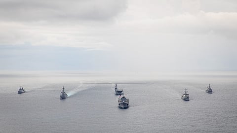 US Navy, JMSDF, and ROK Navy vessels in formation during Freedom Edge 25