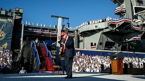 Trump during a speech at Naval Station Norfolk