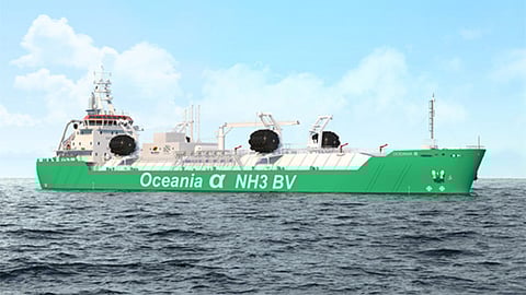 Rendering of an Oceania Marine Energy ammonia bunkering vessel