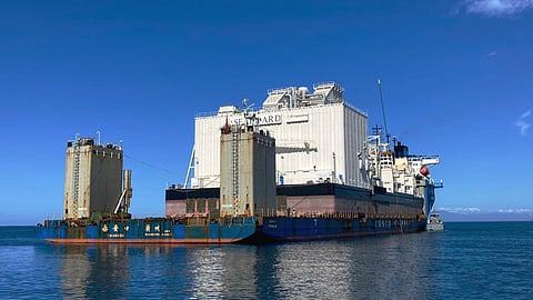 The floating power plant Estrella del Mar III being transported on a heavy lift ship
