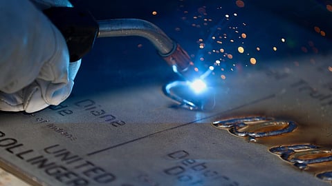 Authentication of the keel of the future USNS Lenni Lenape, the US Navy's ninth Navajo-class towing, salvage and rescue ship, October 17, 2025