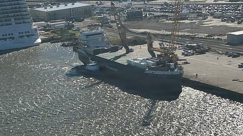 US Coast Guard Air Station Houston flies over an oil spill near Galveston, Texas, October 29, 2025