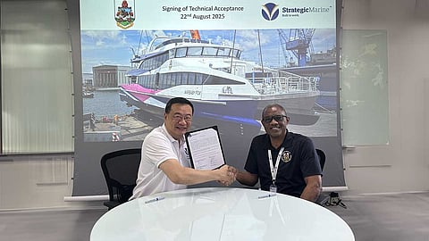 Chan Eng Yew, CEO of Strategic Marine, and Rudolph Cann, Director of the Bermuda Department of Marine and Ports Services, at the technical acceptance of the two new ferries Warbaby Fox and JL Cecil Smith, August 22, 2025