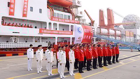 Scientists and the crew of the Chinese icebreaker Xue Long at Beijing just prior to departing for Antarctica, November 1, 2025.