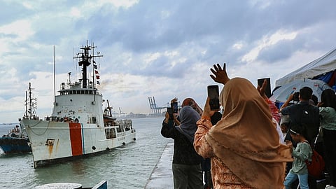 The ex-US Coast Guard medium endurance cutter USCGC Steadfast arriving in Port Klang, Malaysia, November 4, 2025. The vessel will be handed over to the Malaysian Maritime Enforcement Agency.