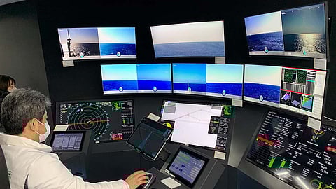 Shore-based remote operation centre overseeing fully autonomous navigation by the container vessel Suzaku in Tokyo Bay, March 1, 2022