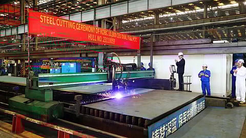 Steel-cutting ceremony for Korea Ocean Business Corporation's new 18,000CEU pure car and truck carrier, November 10, 2025