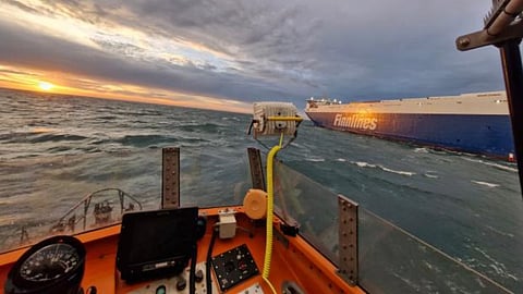 The disabled Ro-Ro vessel Finnwave as seen from a responding rescue boat, November 12, 2025