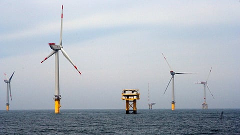 Wind turbines at the Alpha Ventus offshore wind farm off Germany, May 31, 2010