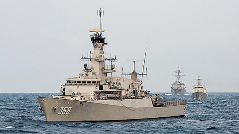 The Indonesian Navy Bung Tomo-class corvette KRI John Lie (foreground) during an exercise with US Navy ships in 2015