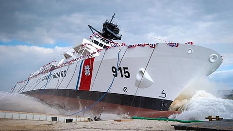 Launch of the future USCGC Argus, the US Coast Guard's first Heritage-class offshore patrol cutter, at the Eastern Shipbuilding Group's Panama City, Florida shipyard on October 27, 2023
