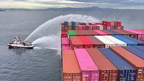 Los Angeles Fire Department fireboats continue firefighting operations to extinguish the blaze aboard the container vessel ONE Henry Hudson off the Port of Los Angeles, November 22, 2025.