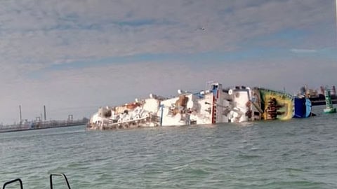 The Palau-flagged livestock carrier Queen Hind after it capsized off Constanța, Romania, with a cargo of over 14,000 sheep on November 24, 2019. All 22 of the ship's crew were eventually rescued but only 180 sheep have been recovered from the wreck.