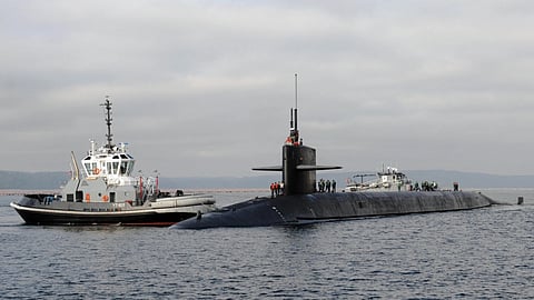 The US Navy Ohio-class ballistic missile submarine USS Alabama pulls into Naval Base Kitsap-Bremerton, Washington, after returning from a patrol, March 29, 2013.