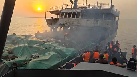 The landing craft Chimba Express shortly after a fire broke out on board while underway in Nigeria's Calabar Channel, December 23, 2025