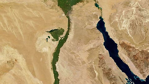 Satellite photograph of the Nile River (left) in northern Egypt