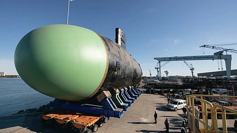 The completed bow module for the future US Navy ballistic missile submarine USS District of Columbia at the Newport News Shipbuilding plant in Virginia. This photograph was taken prior to the bow module being loaded onto the barge Holland for transport to General Dynamics Electric Boat's shipyard in Groton, Connecticut.