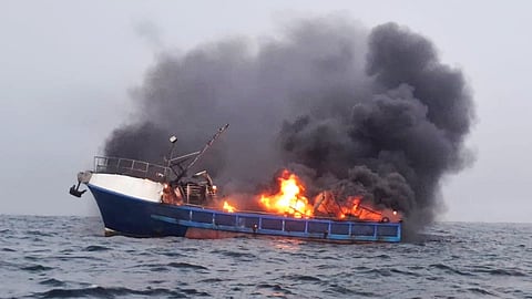 The burning fishing vessel Silver Dorado off the coast of Gqeberha, South Africa, January 12, 2026