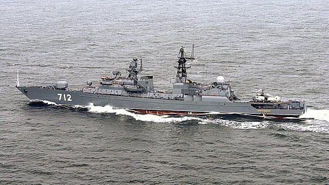The Russian Navy Project 11540 frigate Neustrashimy at she prepares her Kamov Ka-27 helicopter for take-off during the annual Baltic Sea maritime exercise Baltic Operations 2003