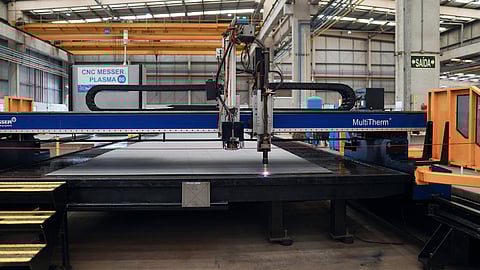 Cutting of the first steel to be used in the construction of Mariz e Barros, the Brazilian Navy Tamandaré-class frigate