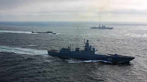 The Northern Fleet ships Admiral Gorshkov, Severomorsk, and submarine Orel