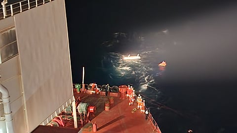 The rowing vessel City of Liverpool shortly after being sighted by the crew of the Liberian-flagged tanker Horten in the Atlantic Ocean off Puerto Rico, January 21, 2026. The rowing vessel's occupant, Belgian national Benoit Bourguet, was rescued that same evening.