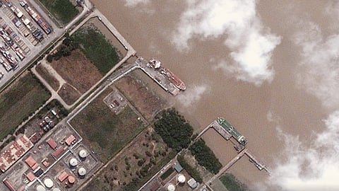 A BlackSky satellite image shows Reef docked along the Yangon River on December 9, 2025