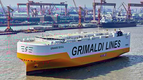 Grimaldi's pure car and truck carrier Grande Seoul sailing out of Shanghai for sea trials