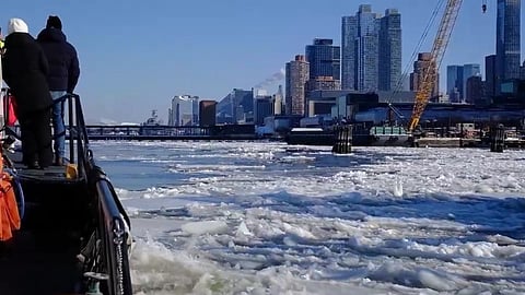 Screenshot of video showing ice buildup in New York Harbour