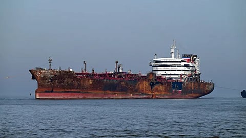 The fire-damaged tanker Stena Immaculate pictured off Great Yarmouth a month after the March 11, 2025 incident