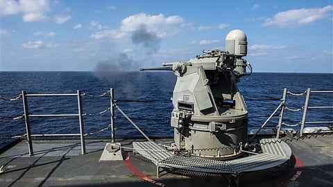 The US Navy Arleigh Burke-class guided-missile destroyer USS Mustin fires its MK 38 25mm gun during a live-fire drill in 2015. The weapon has since been upgraded to MK 38 Md 4 configuration, which employs a 30mm gun and integrates with the Aegis combat system.