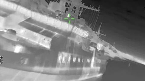 Screenshot of video footage of one of the FSB Border Service Rubin-class patrol boats just moments from being hit by a Ukrainian drone, February 21, 2026