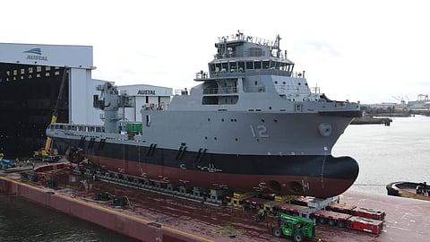 Launch of the US Navy Navajo-class towing and salvage ship USNS Solomon Atkinson at Austal USA's Alabama shipyard, February 23, 2026