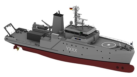 Rendering of a 50-metre instruments testing boat of the German Bundeswehr's Wehrtechnische Dienststelle division. Fassmer will build four similarly designed training boats for the Germany Navy.