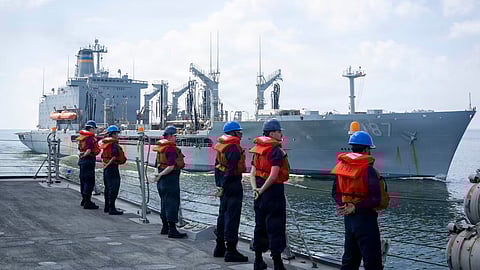 US Sailors, assigned to Arleigh Burke-class guided-missile destroyer USS Delbert D. Black (DDG 119), participate in a replenishment-at-sea with fleet replenishment oiler USNS Henry J. Kaiser (T- AO 187), in the US Central Command area of responsibility in support of Operation Epic Fury, March 3, 2026