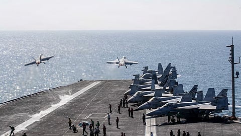 Two F/A-18 Super Hornets launch from the flight deck of Nimitz-class aircraft carrier USS Abraham Lincoln (CVN 72) in support of Operation Epic Fury, March 3, 2026